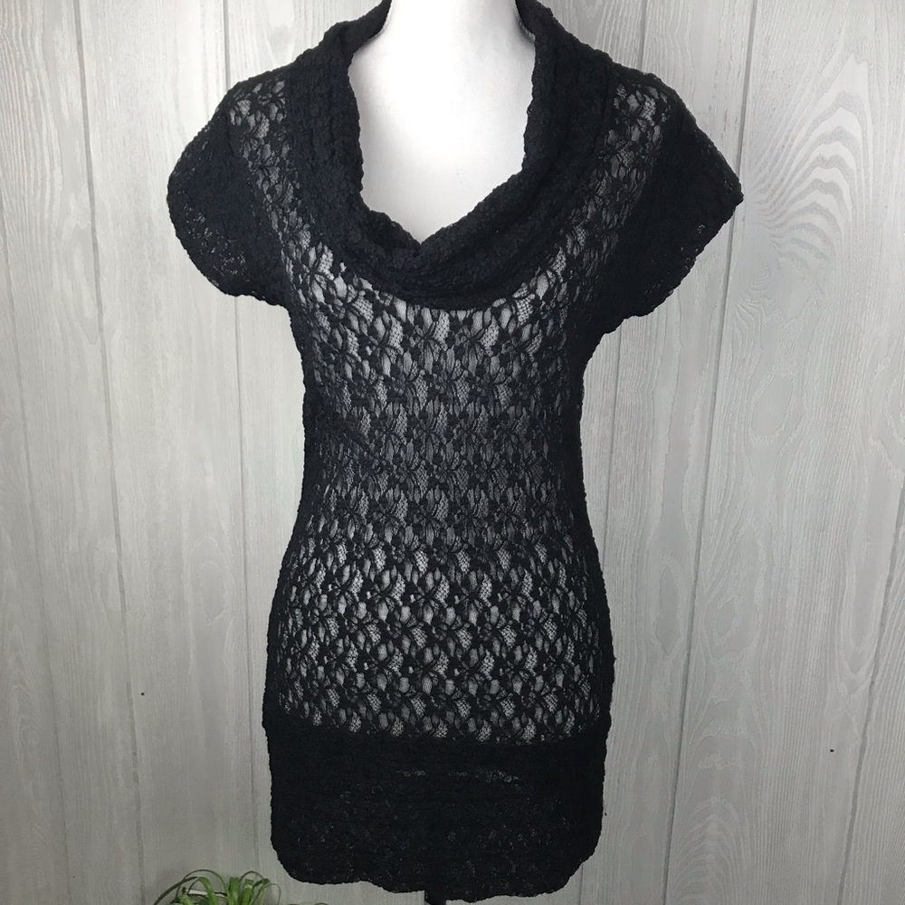 Cache black lace see through cowl neck top